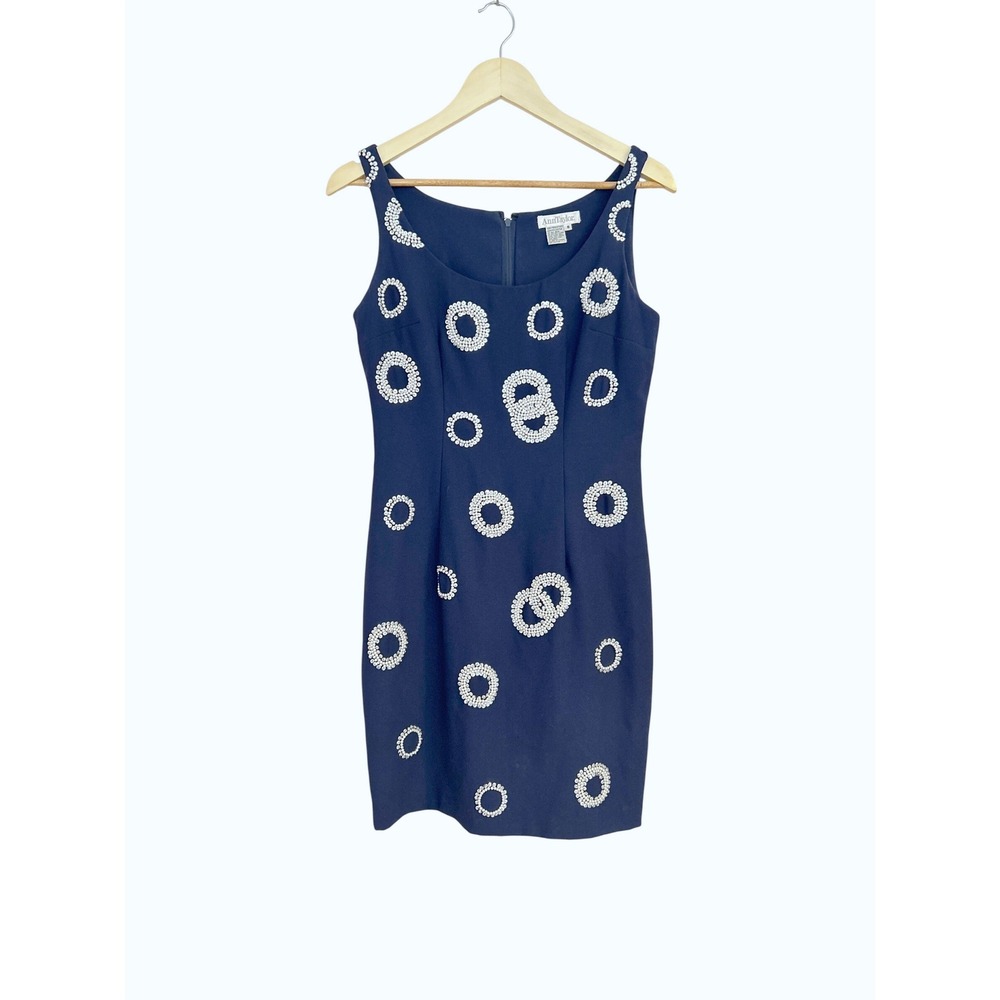 Vintage‎ Ann Taylor Navy Blue Beaded Embellished Sleeveless Sheath Dress, Size 6